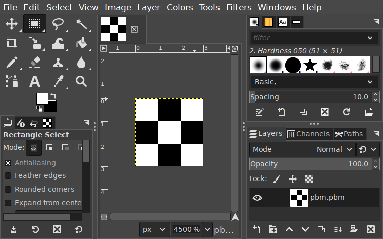 A 3x3 pixel checkerboard, viewed in the Glimpse editor.
